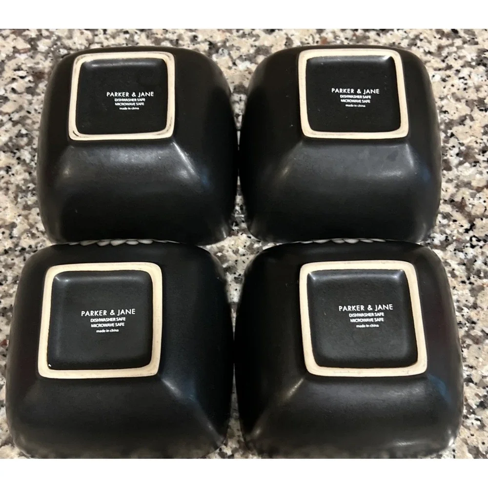 Set Of 4 Parker‎ & Jane Chrysanthemum Square Bowls Black White Mum Flower